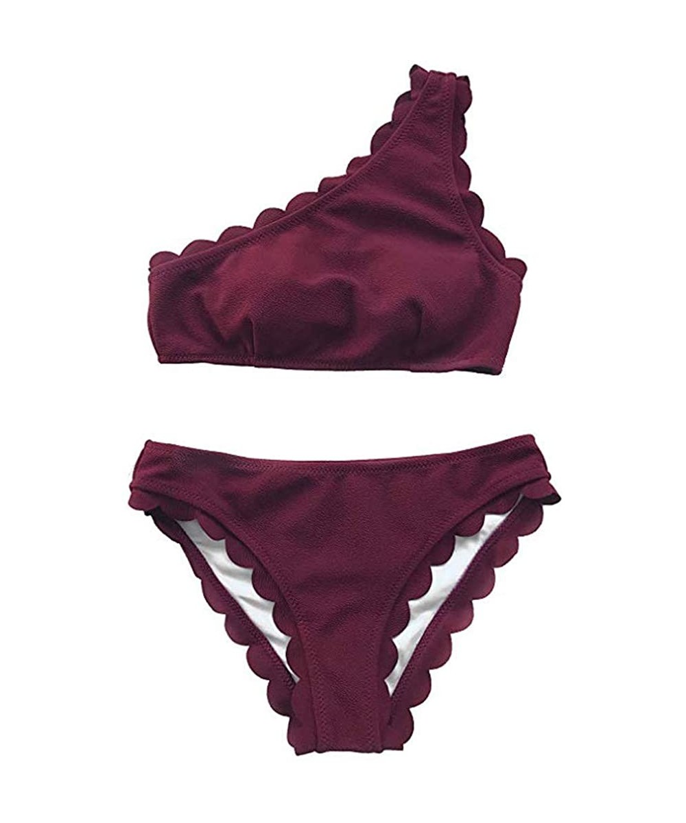 Sets Women's Swimsuits Two Pieces Rain of Petals Solid Wavy Edge One Shoulder Bikini Set Sexy Swimwear Bathing Suits Wine - C...