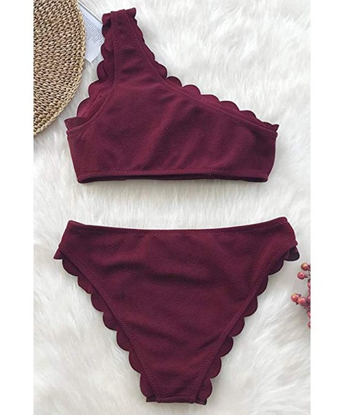 Sets Women's Swimsuits Two Pieces Rain of Petals Solid Wavy Edge One Shoulder Bikini Set Sexy Swimwear Bathing Suits Wine - C...