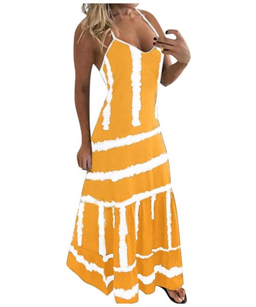 Cover-Ups Womens Tie-Dye Beach Pullover Maxi Boho Sundress Ladies Loose Long Slip Dress - Yellow - CJ19C9IEHKO