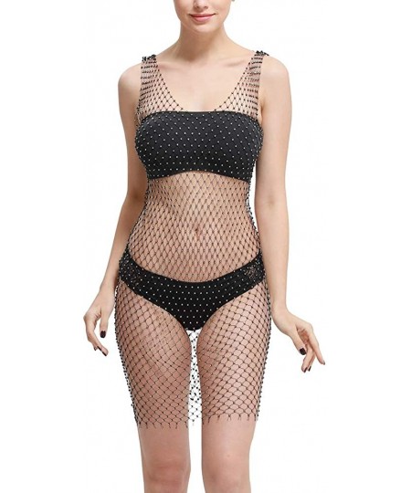 Cover-Ups Sexy Rhinestone Fishnet See Through Beach Mesh Dress Cover Ups for Women Swimwear - Black - CT18T7MLZO2