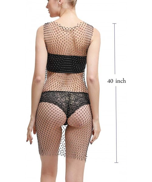 Cover-Ups Sexy Rhinestone Fishnet See Through Beach Mesh Dress Cover Ups for Women Swimwear - Black - CT18T7MLZO2