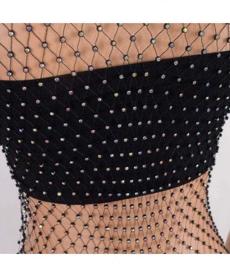 Cover-Ups Sexy Rhinestone Fishnet See Through Beach Mesh Dress Cover Ups for Women Swimwear - Black - CT18T7MLZO2