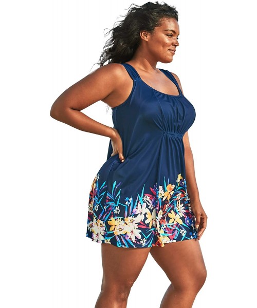 One-Pieces Women's Plus Size Smocked Swimdress Set Swimsuit - Black Tropical Floral (1006) - C8195SMX247