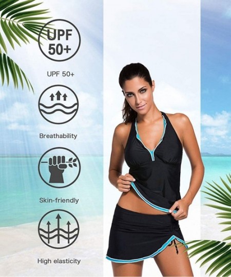 One-Pieces Womens Plus Size Swimsuit Halter Tankini Top and Skort Bottom Set Bathing Suits - Black&blue - C718SN2OS2A