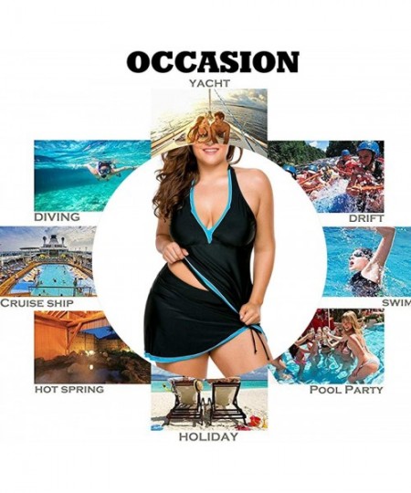 One-Pieces Womens Plus Size Swimsuit Halter Tankini Top and Skort Bottom Set Bathing Suits - Black&blue - C718SN2OS2A