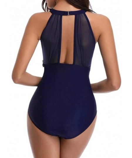 One-Pieces Swimsuits for Women Plus Size One Piece High Neck Plunge Mesh Tie Front Ruched Monokini Swimwear Bathing Suits Nav...