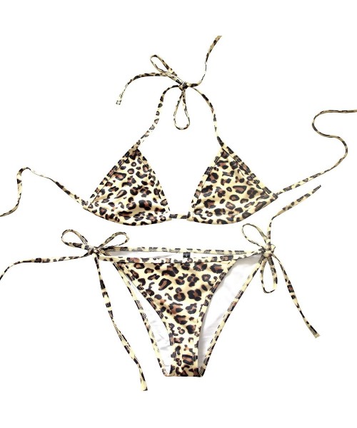 Sets Womens Swimsuits Sexy Triangle Halter Bikini Set Tie Side Bottom Padded Summer Swimwear with String - Leopard - CH18XQU5YLS