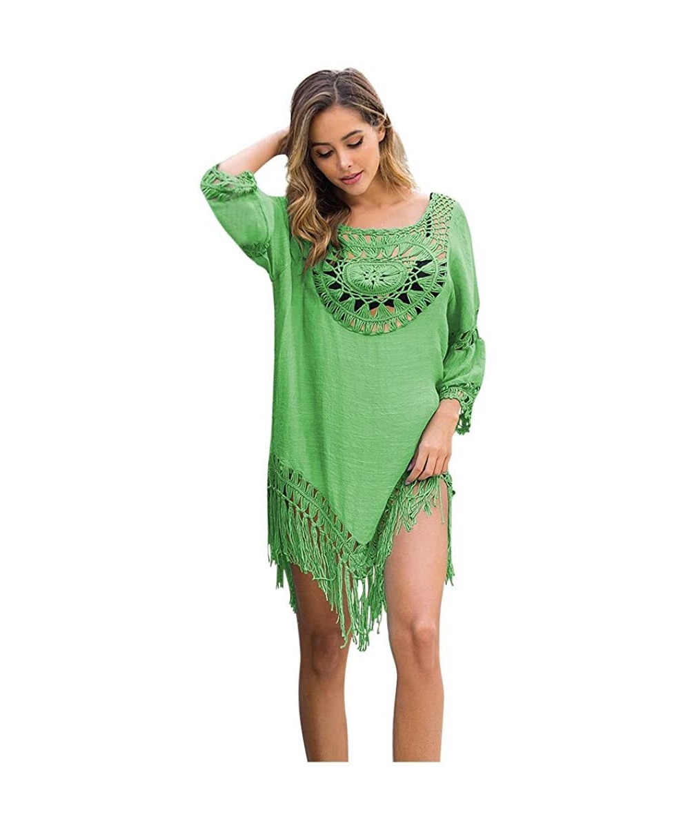 Cover-Ups Women's Crochet Beach Cover-Ups Dress Asymmetric Pullover Swimwear with Tassels - Green - CJ194MMHSH8