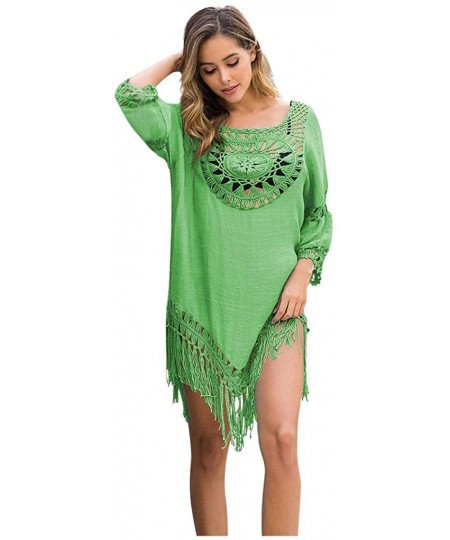 Cover-Ups Women's Crochet Beach Cover-Ups Dress Asymmetric Pullover Swimwear with Tassels - Green - CJ194MMHSH8