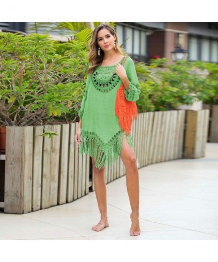 Cover-Ups Women's Crochet Beach Cover-Ups Dress Asymmetric Pullover Swimwear with Tassels - Green - CJ194MMHSH8