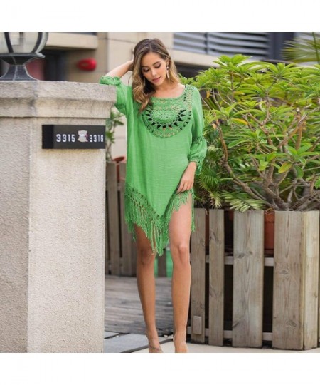 Cover-Ups Women's Crochet Beach Cover-Ups Dress Asymmetric Pullover Swimwear with Tassels - Green - CJ194MMHSH8