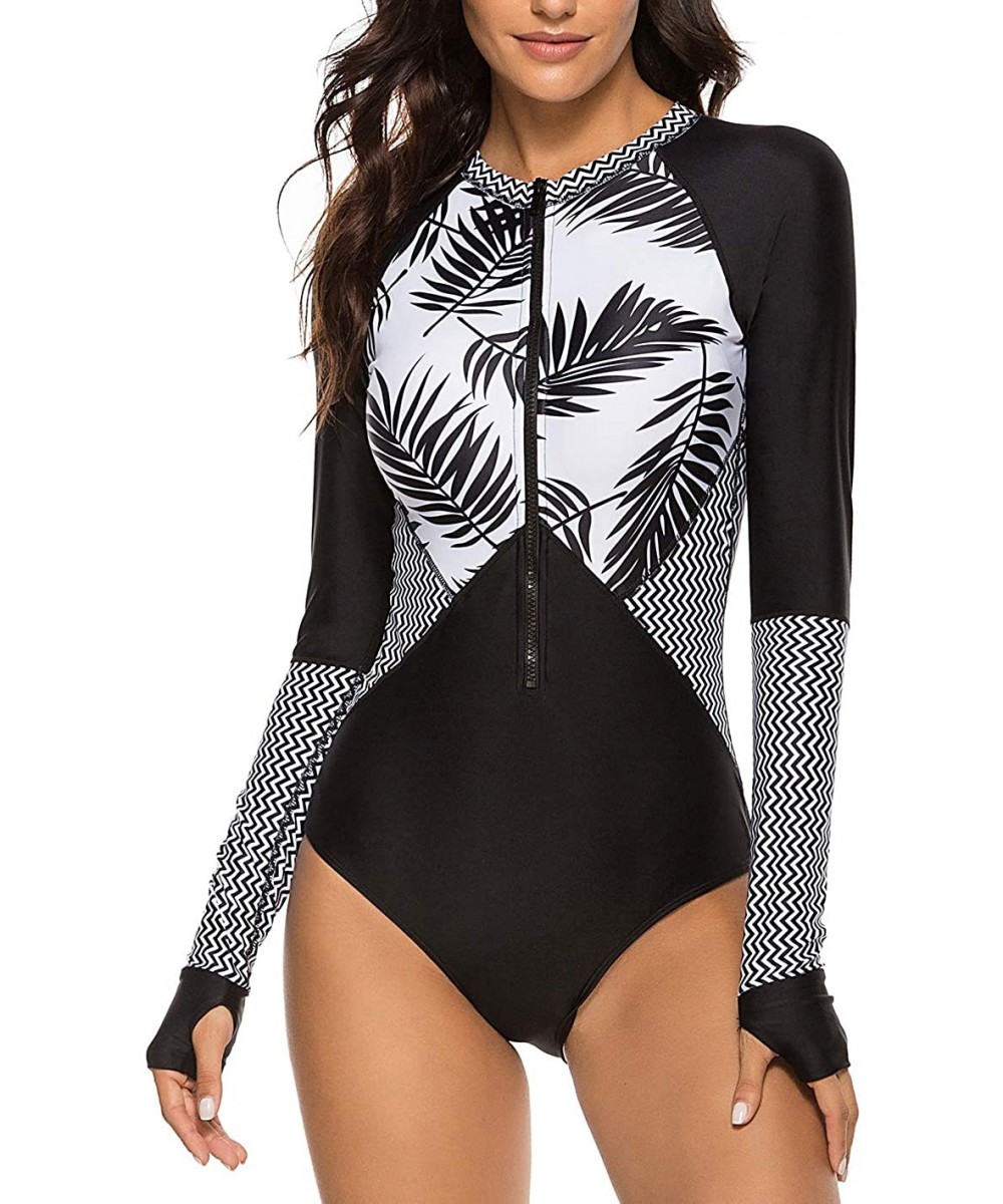 Rash Guards Womens Athletic Training Swimsuit Long Sleeve Rashguard - Black / White - CX193G9URCH