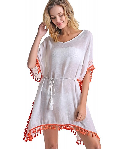 Cover-Ups Women's Swimsuit Cover ups Bathing Suit Tassel Kaftan Beach Dress for Swimwear - 04-white - C41944Y7RRX