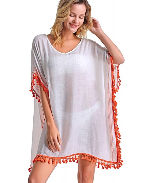 Cover-Ups Women's Swimsuit Cover ups Bathing Suit Tassel Kaftan Beach Dress for Swimwear - 04-white - C41944Y7RRX