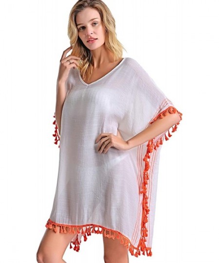 Cover-Ups Women's Swimsuit Cover ups Bathing Suit Tassel Kaftan Beach Dress for Swimwear - 04-white - C41944Y7RRX