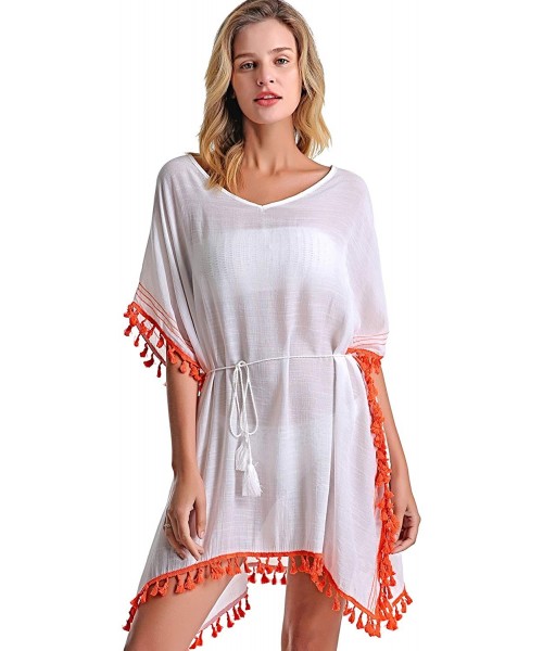 Cover-Ups Women's Swimsuit Cover ups Bathing Suit Tassel Kaftan Beach Dress for Swimwear - 04-white - C41944Y7RRX