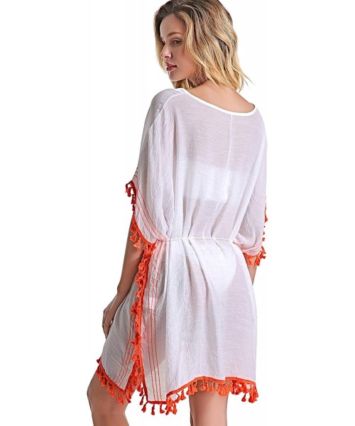 Cover-Ups Women's Swimsuit Cover ups Bathing Suit Tassel Kaftan Beach Dress for Swimwear - 04-white - C41944Y7RRX