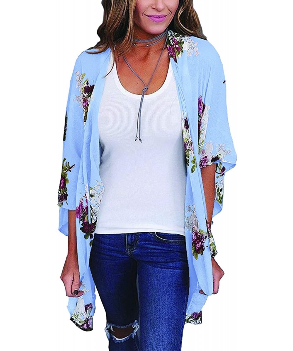 Cover-Ups Women's Sheer Chiffon Summer Blouse Tops Kimono Cardigan Floral Casual Loose Cover Ups Swimwear - Blue - CQ18T8DHYAR