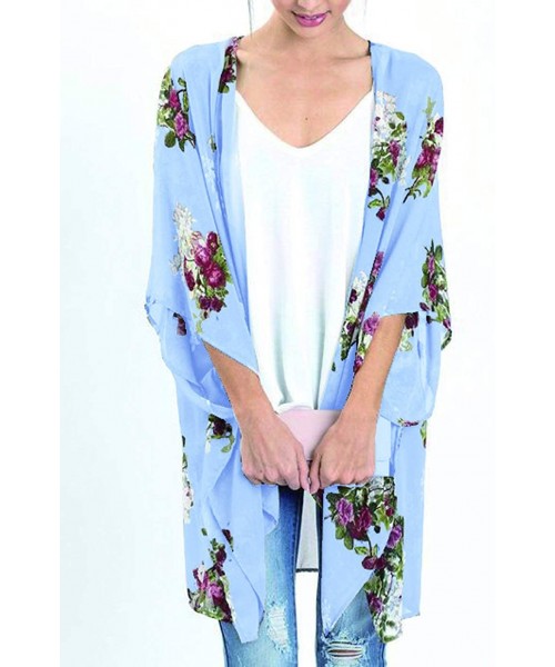 Cover-Ups Women's Sheer Chiffon Summer Blouse Tops Kimono Cardigan Floral Casual Loose Cover Ups Swimwear - Blue - CQ18T8DHYAR