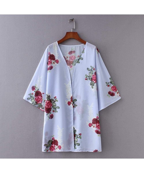 Cover-Ups Women's Sheer Chiffon Summer Blouse Tops Kimono Cardigan Floral Casual Loose Cover Ups Swimwear - Blue - CQ18T8DHYAR