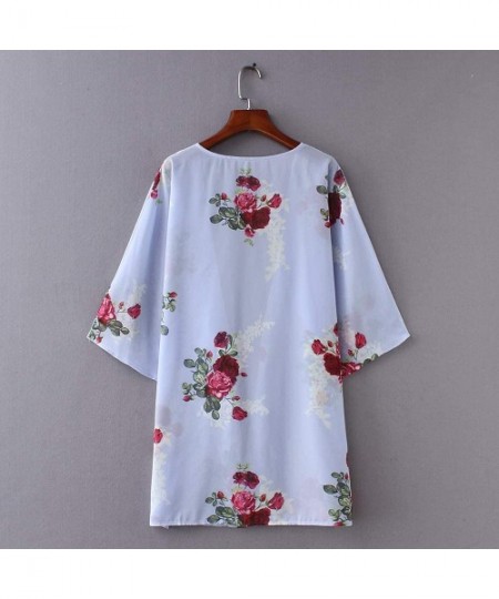 Cover-Ups Women's Sheer Chiffon Summer Blouse Tops Kimono Cardigan Floral Casual Loose Cover Ups Swimwear - Blue - CQ18T8DHYAR