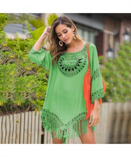 Cover-Ups Women's Crochet Beach Cover-Ups Dress Asymmetric Pullover Swimwear with Tassels - Green - CJ194MMHSH8