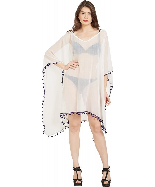 Cover-Ups Women's Sexy Pom Trim Kaftan Bikini Bath Swimsuit Beach Wrap Cover Ups Pareo Canga Swimwear - White - CN180KYQ5G5