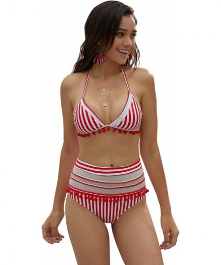 Sets Women's High Waist Two Pieces Halter Bikini Set Striped Tassel Swimsuit - Red Striped- Small - C218QRR63YO