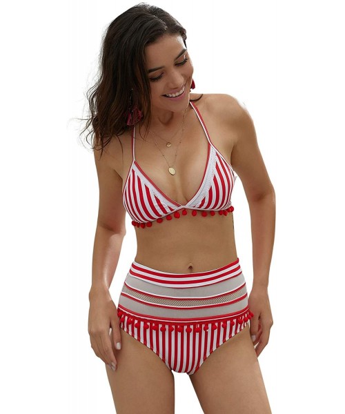 Sets Women's High Waist Two Pieces Halter Bikini Set Striped Tassel Swimsuit - Red Striped- Small - C218QRR63YO