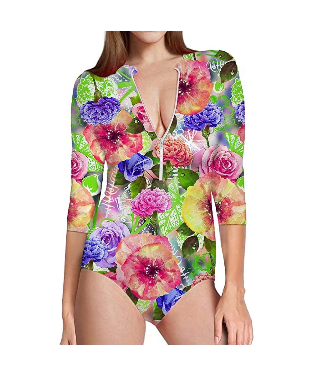 Rash Guards Hawaii Women's One-Piece Surfing Swimsuit Seven-Quarter Sleeve Front Zip Sun Protection Bathing Suit - Hawaii 26 ...