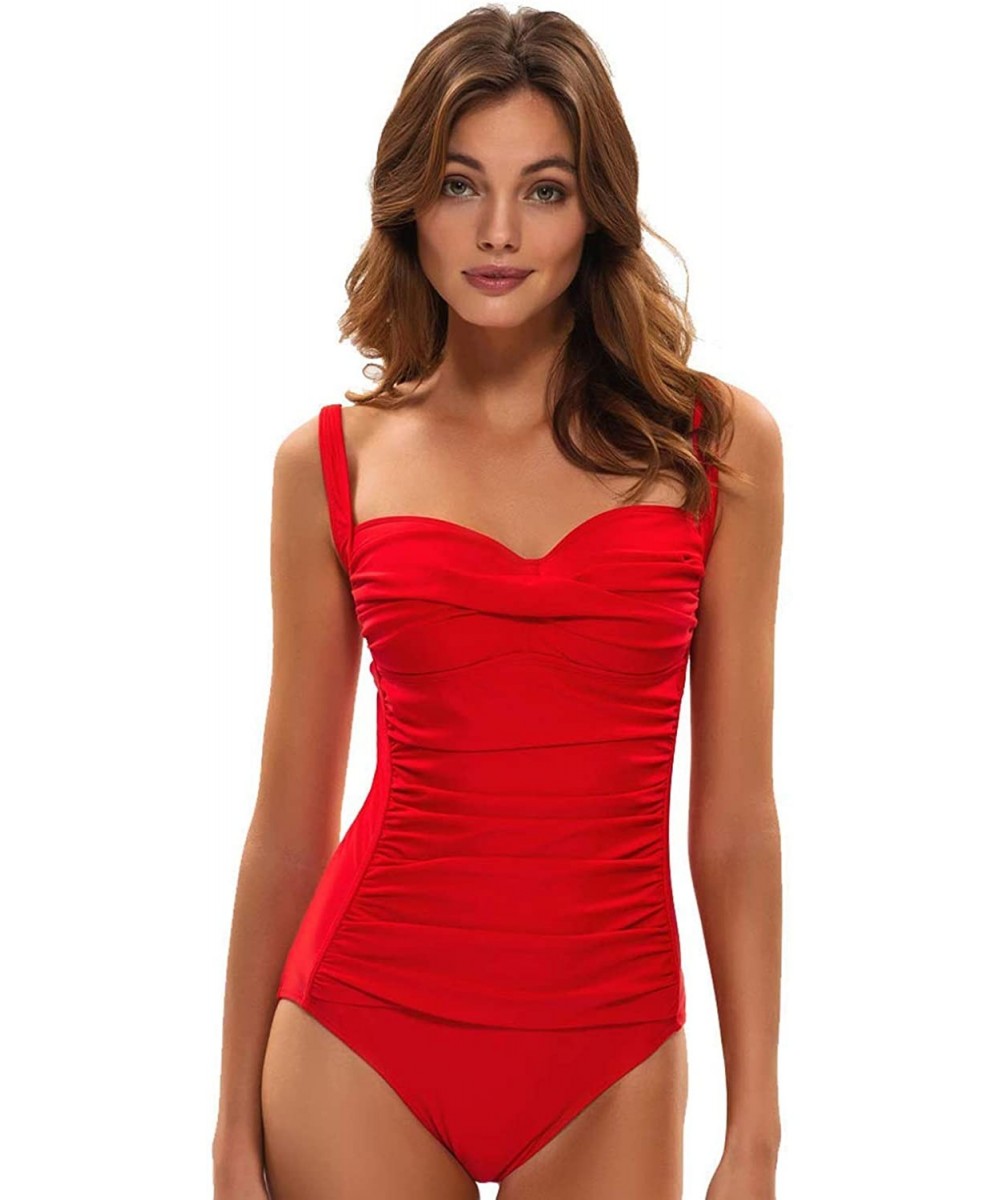 One-Pieces Women's Padded Push One Piece Swimsuits Ruched Front Tummy Control Bathing Suits Coastal V-Neck Swimwear - Red - C...