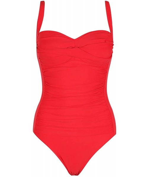 One-Pieces Women's Padded Push One Piece Swimsuits Ruched Front Tummy Control Bathing Suits Coastal V-Neck Swimwear - Red - C...