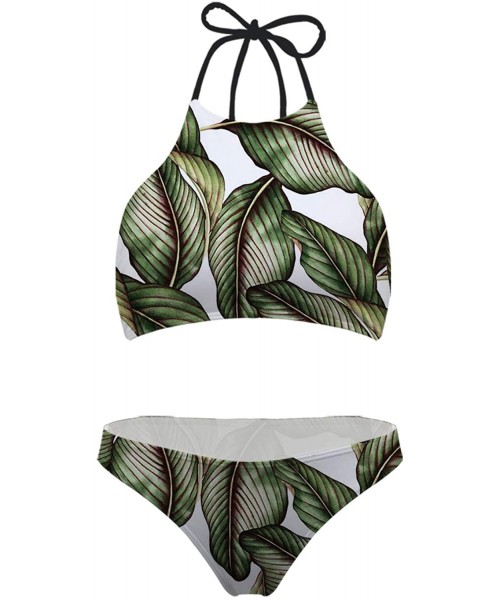 Sets Women Sporty High Neck Tie Bikinis Swimwear Fashion Pattern Padded 2-pc Swimsuit - Banana Leaves - CP18OX0X9LX