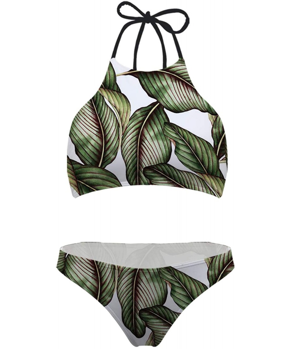 Sets Women Sporty High Neck Tie Bikinis Swimwear Fashion Pattern Padded 2-pc Swimsuit - Banana Leaves - CP18OX0X9LX