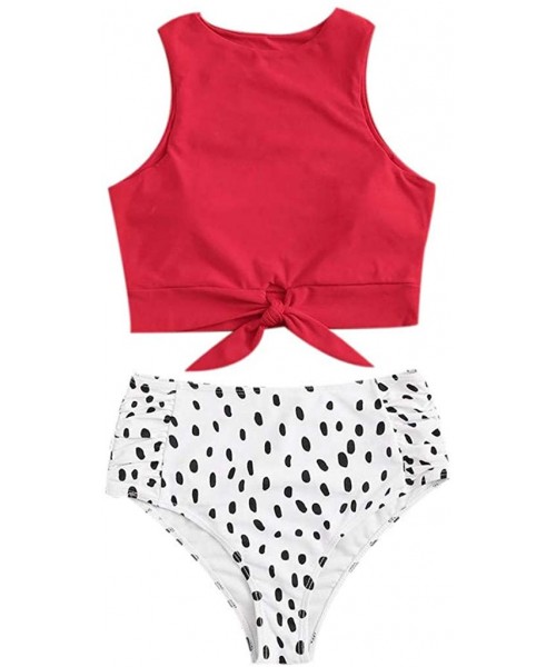 Sets Sexy Bikini Set Bathing Suits Two Pieces Swimwear Women's Knot Front Crop Top Swimsuit with Floral Printing Red 1 - CV18...