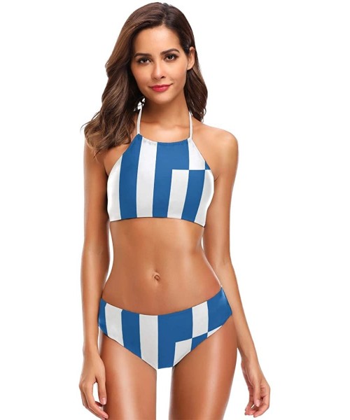 Sets Thin Blue Line American Police Flag 2 Pcs Halter High Waist Swimsuit Bathing Set for Woman Girls - Greek Flag - CX18O3SMUWI