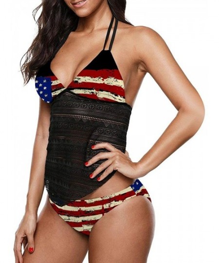 One-Pieces Women Sexy 2 Piece Plunge Halter Mesh Tankini Swimsuit with Bikini Bott. - Flag - CZ1904ICSD3