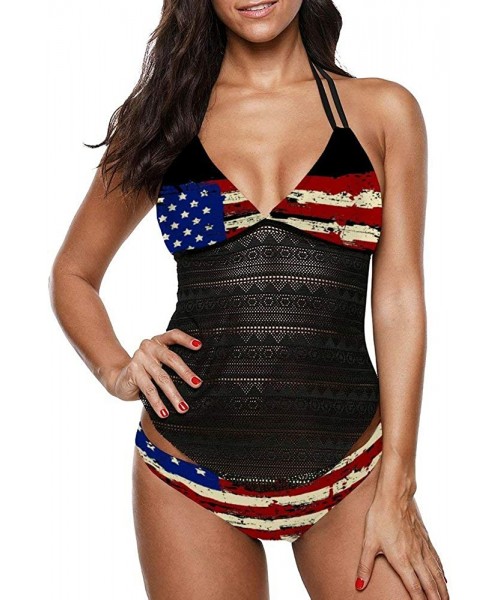 One-Pieces Women Sexy 2 Piece Plunge Halter Mesh Tankini Swimsuit with Bikini Bott. - Flag - CZ1904ICSD3