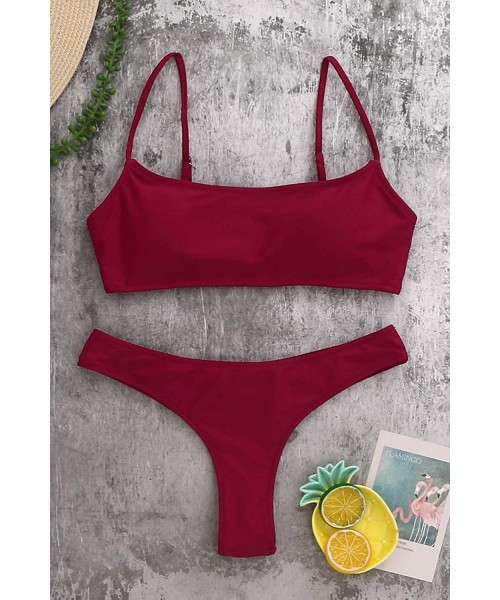 Sets Women Crop Top Bathing Suits High Cut Bandeau Swimsuit Cheeky Thong Bikini Set Sports Two Piece Wine Red Bikini Set - CU...