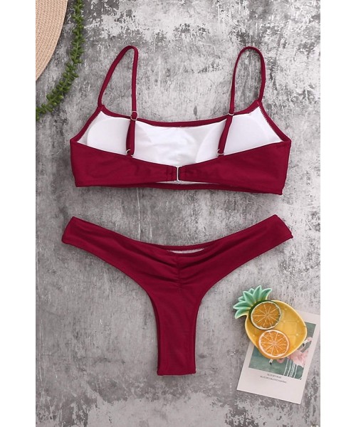 Sets Women Crop Top Bathing Suits High Cut Bandeau Swimsuit Cheeky Thong Bikini Set Sports Two Piece Wine Red Bikini Set - CU...