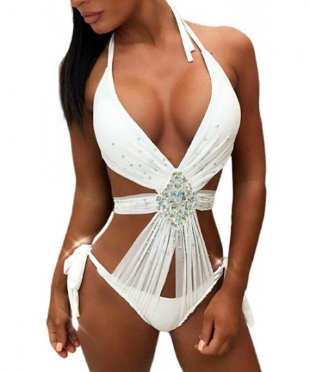 One-Pieces Women One Piece Swimwear Handmade Crystal Rhinestone Deep V Neck Halter Monokini Sexy Cut Out Bathing Swimsuit Whi...