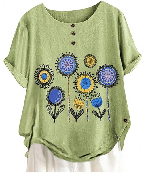 Tankinis Short Sleeve Tee Blouse for Women-Women Linen Dandelion Print Button Blouses Boat Neck T Shirt Tops - Green - C7198S...