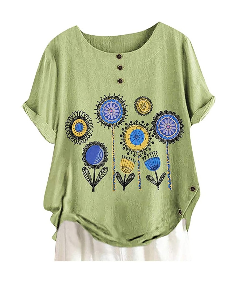 Tankinis Short Sleeve Tee Blouse for Women-Women Linen Dandelion Print Button Blouses Boat Neck T Shirt Tops - Green - C7198S...