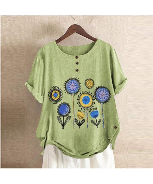 Tankinis Short Sleeve Tee Blouse for Women-Women Linen Dandelion Print Button Blouses Boat Neck T Shirt Tops - Green - C7198S...