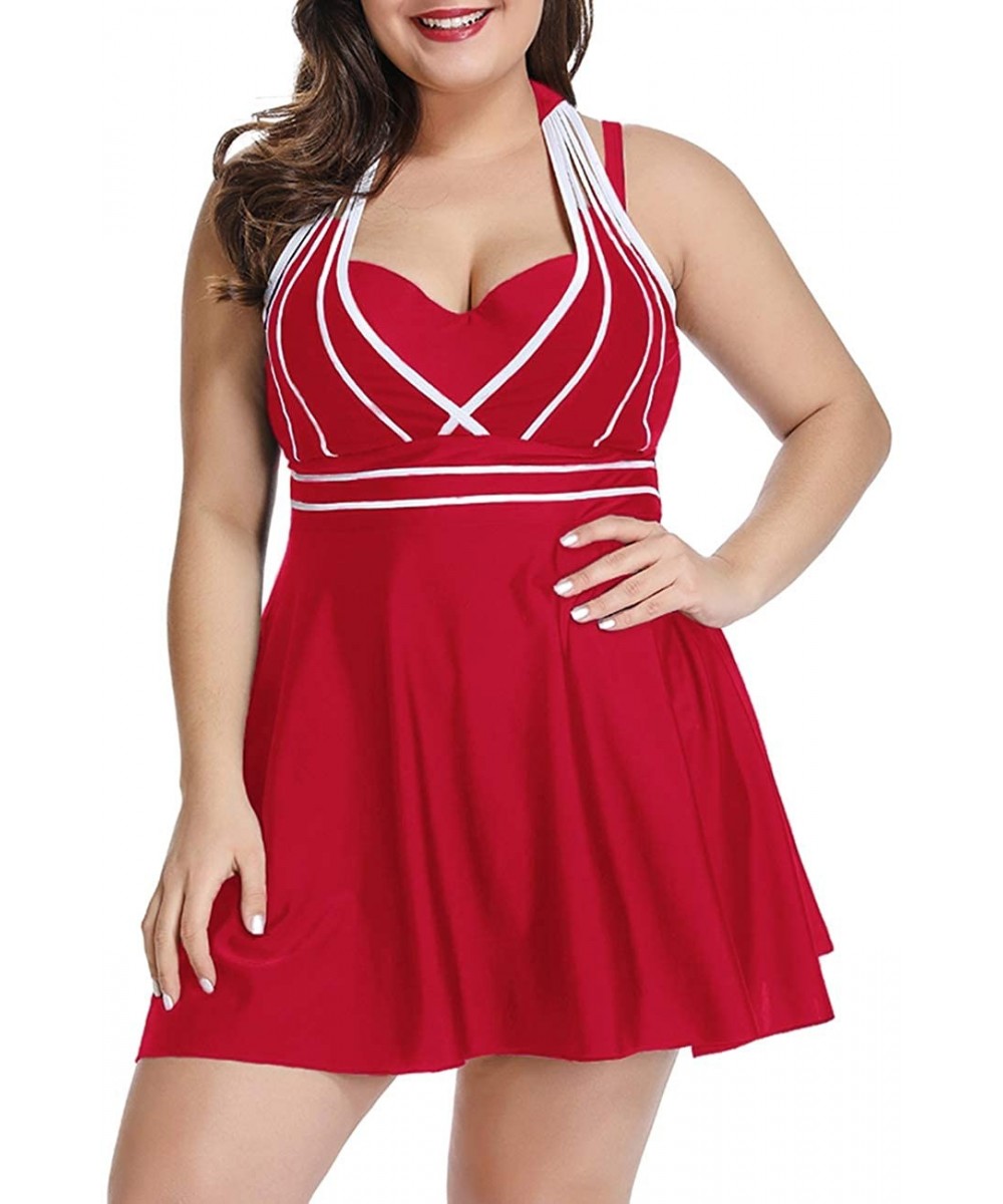 Tankinis Womens Halter Swimdress Plus Size Two Piece Swimsuit Tankini Set - Red - C318W47SNTM