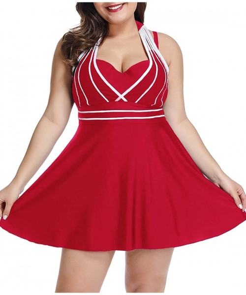 Tankinis Womens Halter Swimdress Plus Size Two Piece Swimsuit Tankini Set - Red - C318W47SNTM