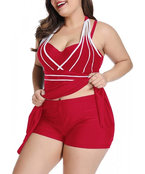 Tankinis Womens Halter Swimdress Plus Size Two Piece Swimsuit Tankini Set - Red - C318W47SNTM