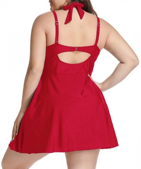 Tankinis Womens Halter Swimdress Plus Size Two Piece Swimsuit Tankini Set - Red - C318W47SNTM