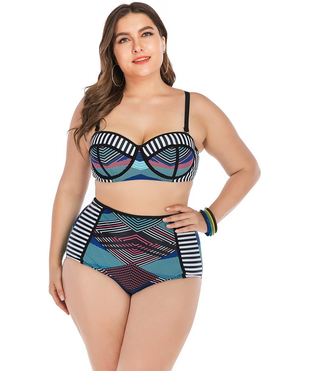 Sets Womens Plus Size Bikini Set Swimwear Swimsuits Bathing Suits Rash Guard - Blue Line - CB18XAT4MG8