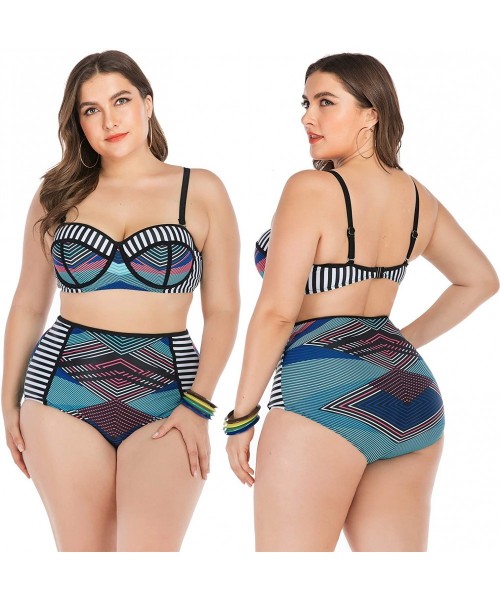 Sets Womens Plus Size Bikini Set Swimwear Swimsuits Bathing Suits Rash Guard - Blue Line - CB18XAT4MG8